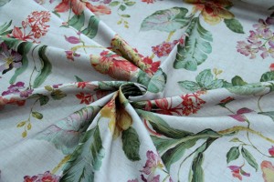 Tkanina plamoodporna dekoracyjna / obrusowa - kwiaty "orange" na beżowym tle